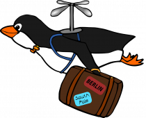 Penguin with propeller on his back and suitcase in his hand (comic).